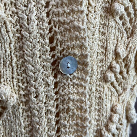 Vintage Laura Ashley Cotton French Knot Pom Crochet Knitted Cardigan Yellow SZ M - Picture 4 of 7